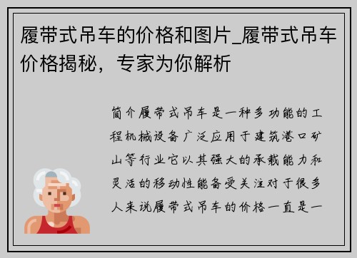 履带式吊车的价格和图片_履带式吊车价格揭秘，专家为你解析